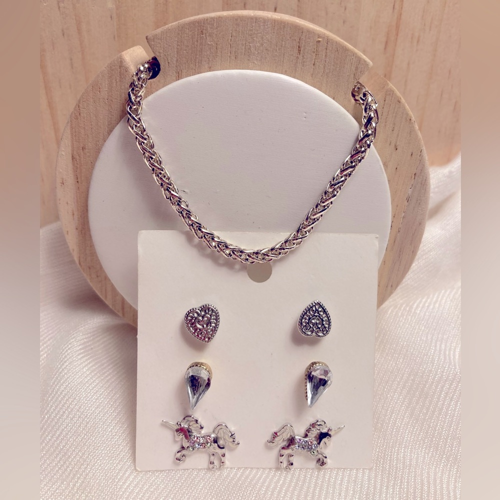 *3 for $20* Jewelry Set-Sterling Silver Stud Earrings (unicorn),Chain Bracelet.